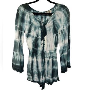 NWT Exist Dark Blue White Tye Dye Long Sleeve Romper Keyhole Back Lace Front